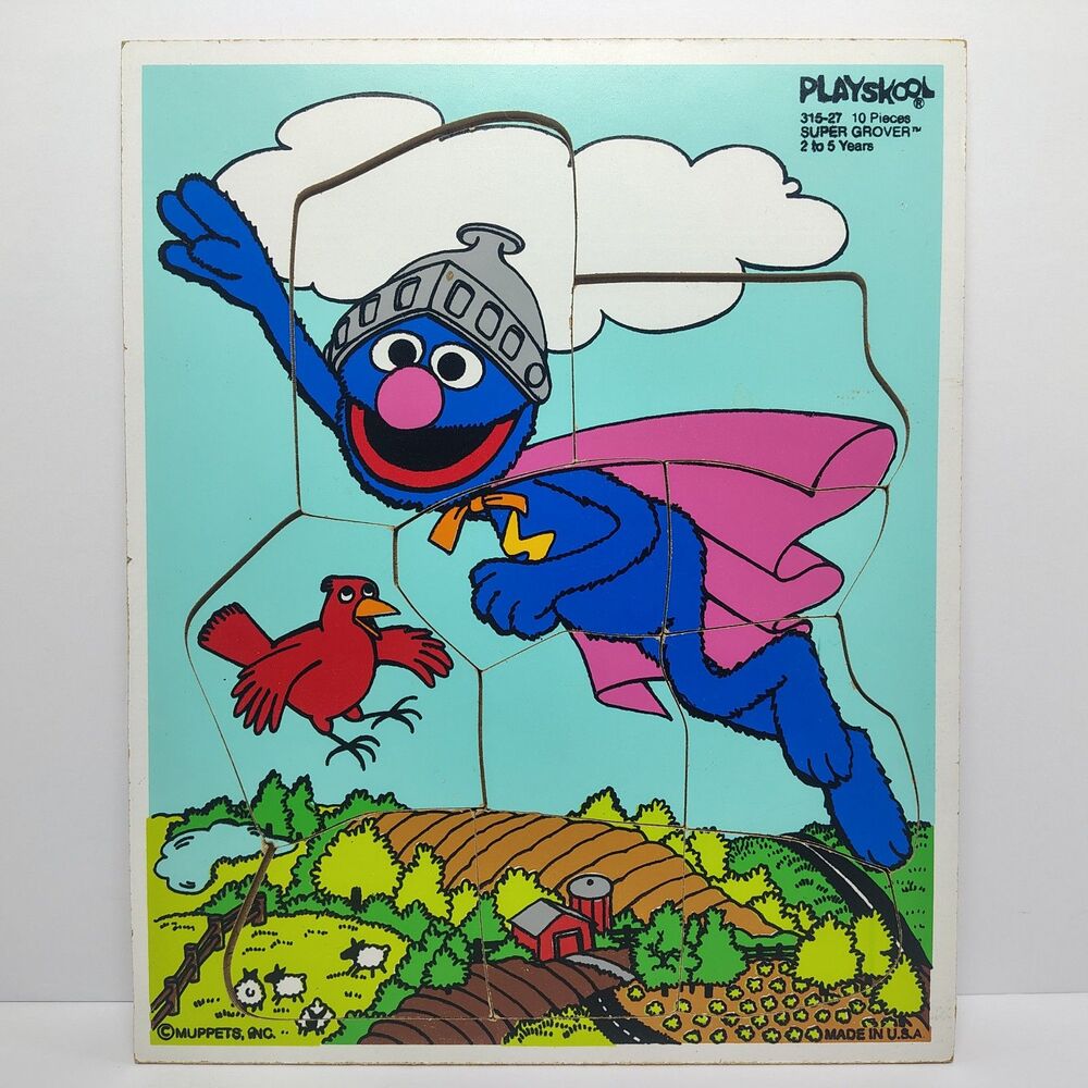 Vintage Playskool Sesame Street Super Grover Wooden 10 Piece Complete Puzzle